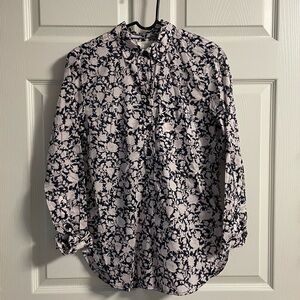 J. Crew Women's Classic Black and White and Pink Floral Button Down Shirt